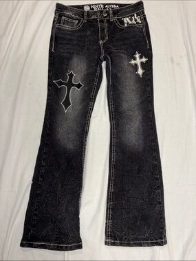 Ninth Hall Alyssia Y2K Style Womens 12 Black Bootcut Jeans with Cross Appliqués